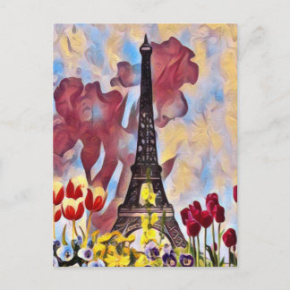 Eiffel Tower, Paris Iris, Tulips Spring Flowers Postcard