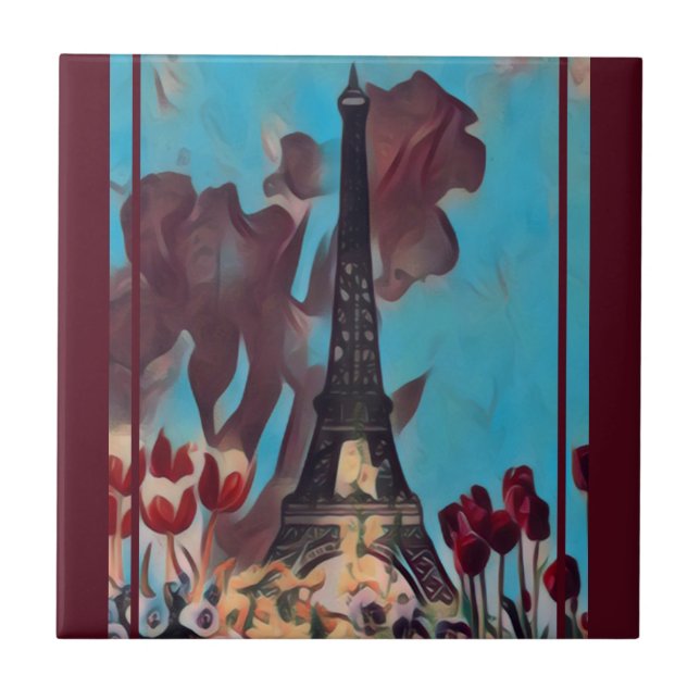 Eiffel Tower, Paris Iris, Tulips Spring Flowers Tile (Front)