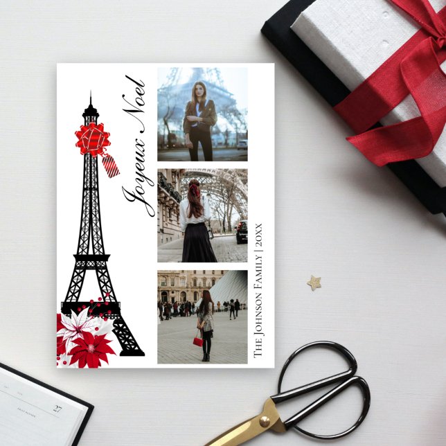 Eiffel Tower Paris Joyeux Noel 3 Photo Christmas Holiday Card (Creator Uploaded)