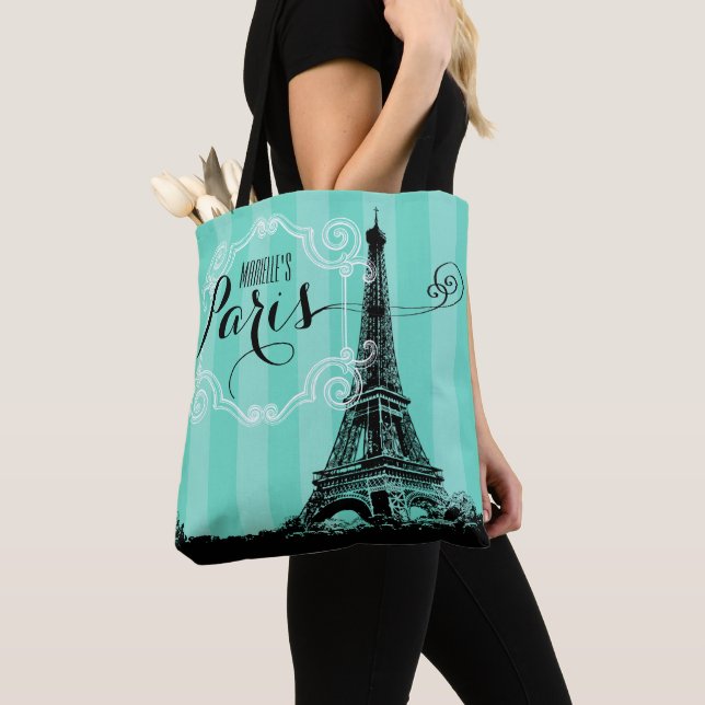 Eiffel Tower Paris Monogram Seafoam Green Stripes Tote Bag (Close Up)