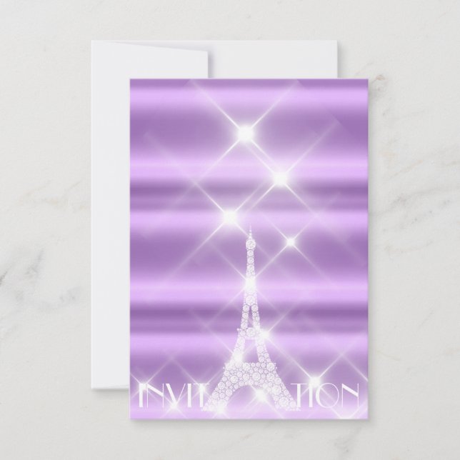 Eiffel Tower Paris Sparkly Stars Purple Diamond Invitation (Front)