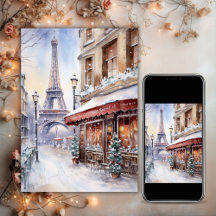 Eiffel Tower, Paris Street Watercolor Christmas