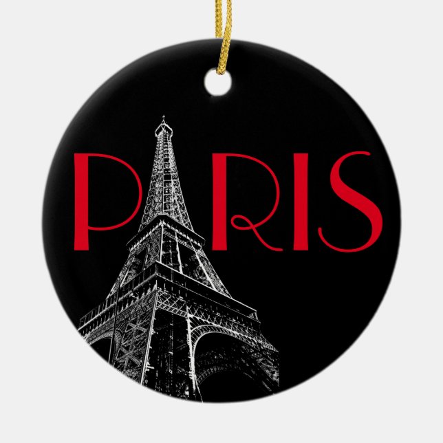 Eiffel Tower Paris Travel Black White Red Pop Art Ceramic Ornament (Front)