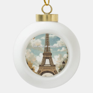Eiffel Tower Paris Travel Vintage Retro Art Name Ceramic Ball Christmas Ornament