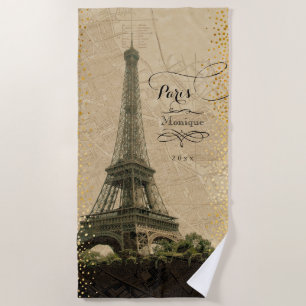 Eiffel Tower Paris Vintage Map Gold Dots Monogram Beach Towel