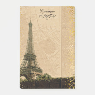 Eiffel Tower Paris Vintage Map Gold Monogram 4x6 Post-it Notes