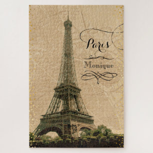 Eiffel Tower Paris Vintage Monogram Name Jigsaw Puzzle