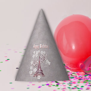 Eiffel Tower Paris White Daisies on Grey Birthday Party Hat