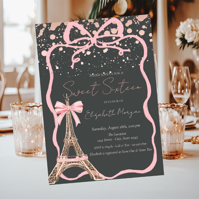 Eiffel Tower Pink Bow Dots Grey Sweet 16 Invitation (Creator Uploaded)