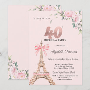 Eiffel Tower Pink Bow Flowers 40th Birthday Invitation