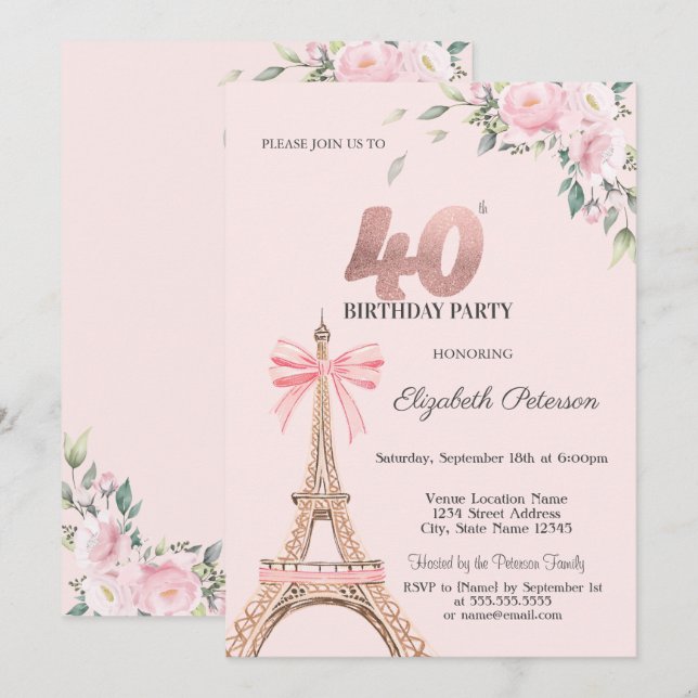 Eiffel Tower Pink Bow Flowers 40th Birthday Invitation (Front/Back)