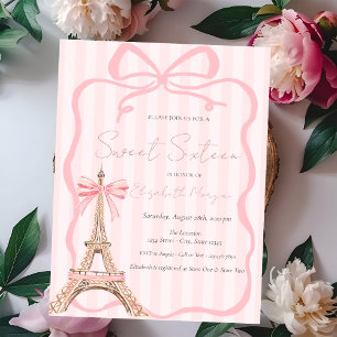 Eiffel Tower Pink Bow Pink Stripes Sweet 16 Invitation
