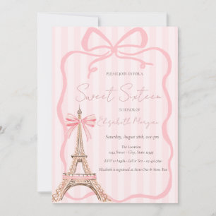 Eiffel Tower Pink Bow Pink Stripes Sweet 16 Invitation