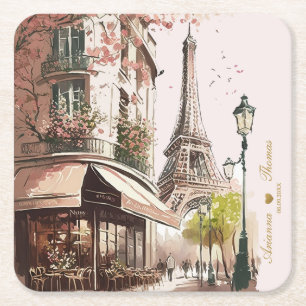 Eiffel Tower Pink Cherry Blossoms Parisian Cafe Square Paper Coaster