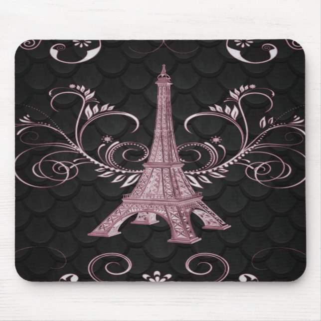 Eiffel Tower Pink Floral Swirl Mouse Pad (Front)