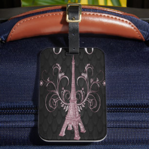 Eiffel Tower Pink Floral Swirls Luggage Tag