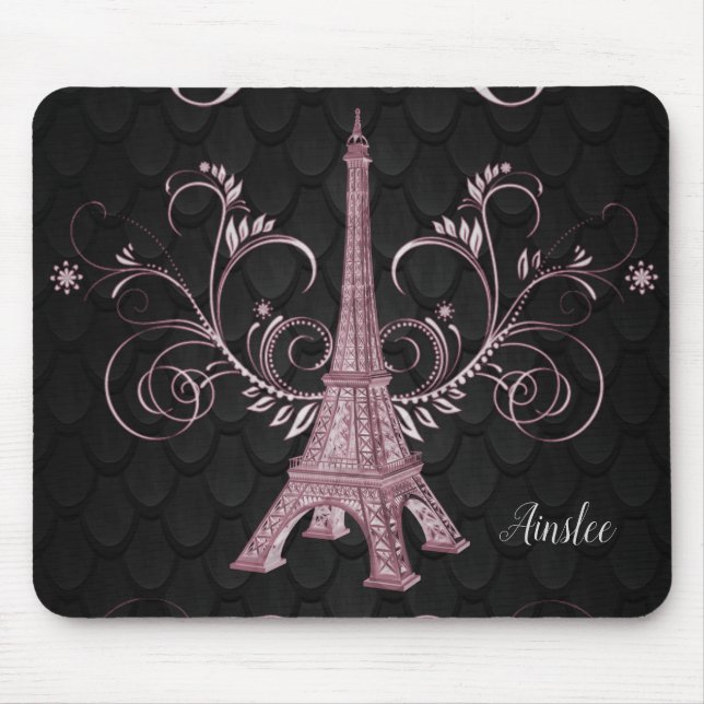 Eiffel Tower Pink Floral Swirls Mouse Pad (Front)