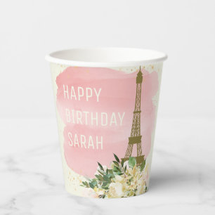 Eiffel Tower Pink Gold Glitter Happy Birthday Paper Cups