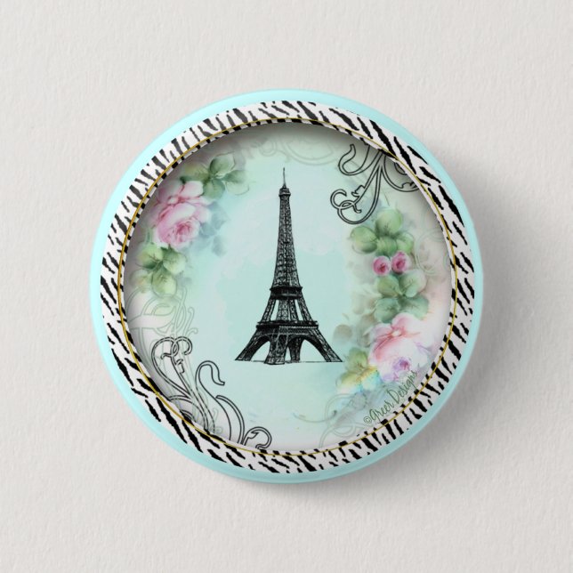 Eiffel Tower Pink Roses and Zebra Print 2 Inch Round Button (Front)