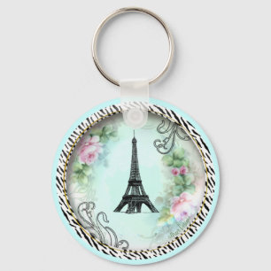 Eiffel Tower Pink Roses and Zebra Print Keychain