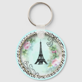 Eiffel Tower Pink Roses and Zebra Print Keychain