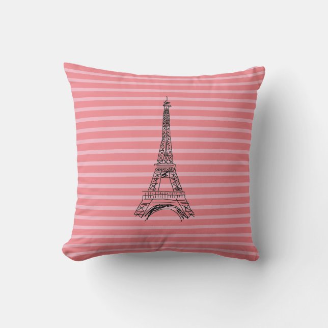 Eiffel Tower Pink Stripe Pattern Pillow (Front)