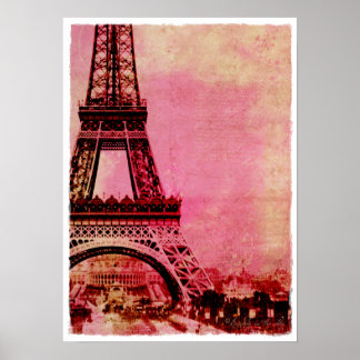 Eiffel Tower Pink Sunset Vintage Style Poster