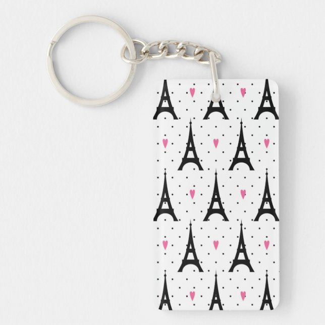 Eiffel Tower Polka Dots & Hearts Pattern Keychain (Front)