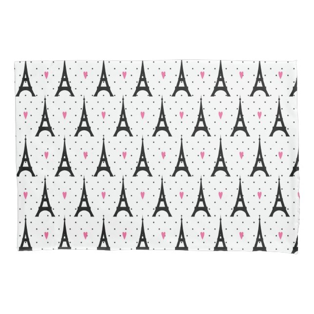 Eiffel Tower Polka Dots & Hearts Pattern Pillowcase (Front-Left)