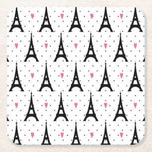 Eiffel Tower Polka Dots & Hearts Pattern Square Paper Coaster
