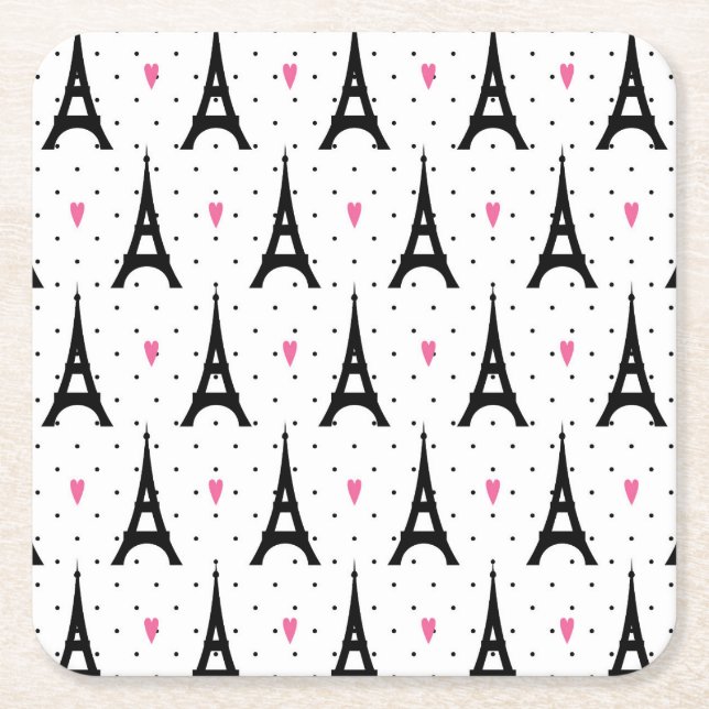 Eiffel Tower Polka Dots & Hearts Pattern Square Paper Coaster (Front)