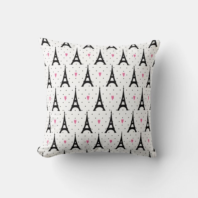 Eiffel Tower Polka Dots & Hearts Pattern Throw Pillow (Front)