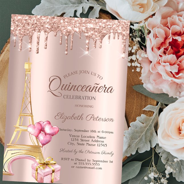Eiffel Tower Present Balloons Rose Gold Drips  Invitation (Creator Uploaded)