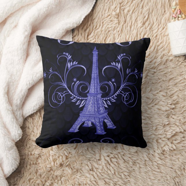 Eiffel Tower Purple Floral Swirls Pillow (Blanket)