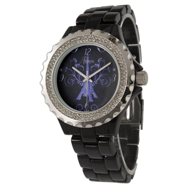 Eiffel Tower Purple Floral Swirls Watch (Angled)