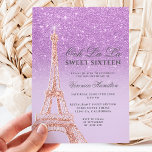 Eiffel tower purple glitter lavender Sweet 16 Invitation<br><div class="desc">A modern,  chic and glamourous sweet sixteen with a hand drawn rose gold glitter french Paris theme Eiffel Tower with purple glitter ombre gradient sparkles on an editable pastel purple lavender background.</div>