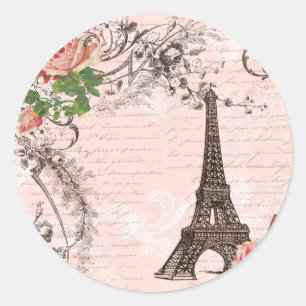 Eiffel Tower Red & Pink Rose Classic Round Sticker