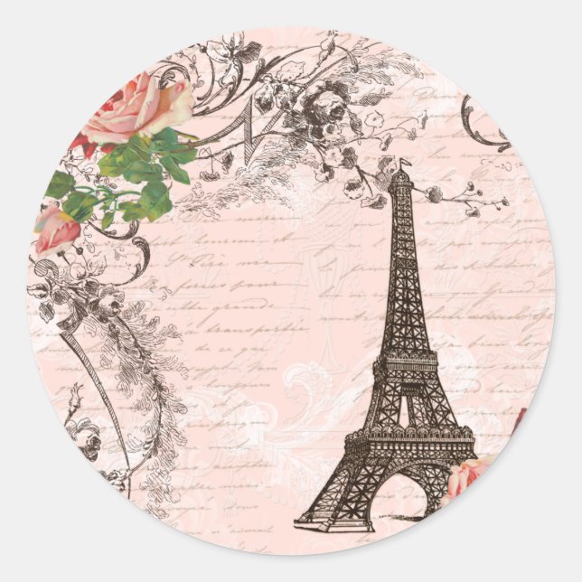 Eiffel Tower Red & Pink Rose Classic Round Sticker (Front)