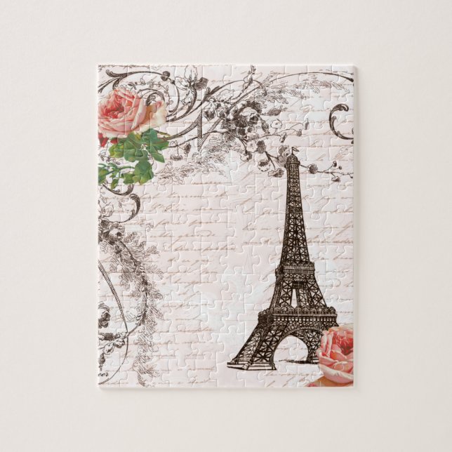 Eiffel Tower Red & Pink Rose Jigsaw Puzzle (Vertical)
