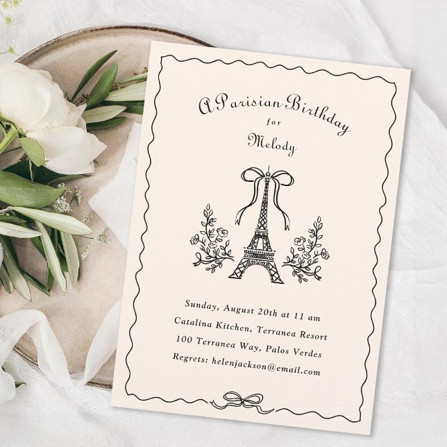 Eiffel Tower Ribbons Bow Parisian Birthday Party Invitation (Creator Uploaded)