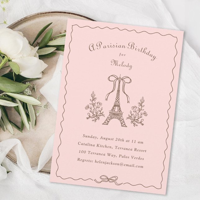 Eiffel Tower Ribbons Bow Parisian Birthday Party Invitation (Creator Uploaded)