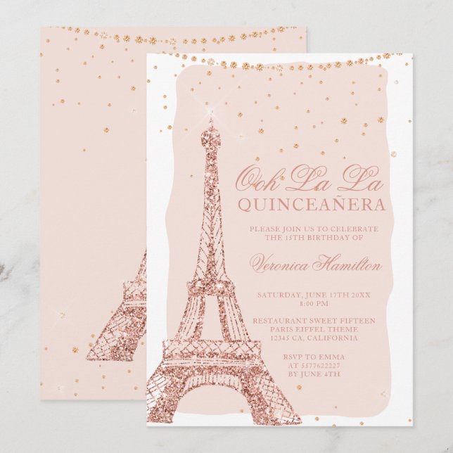 Eiffel tower rose gold glitter blush quinceanera invitation (Front/Back)