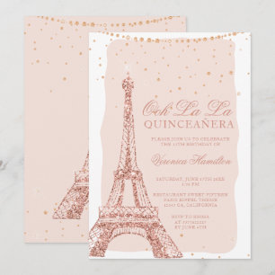 Eiffel tower rose gold glitter blush quinceanera invitation