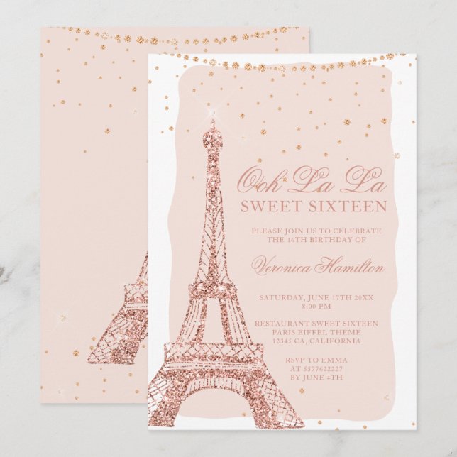 Eiffel tower rose gold glitter blush Sweet 16 Invitation (Front/Back)
