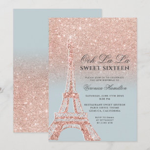 Eiffel tower rose gold glitter ice blue Sweet 16 Invitation