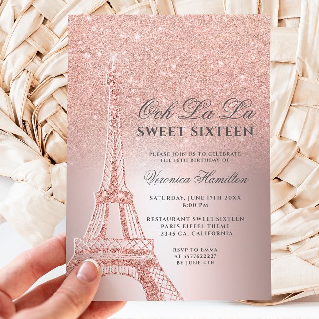 Eiffel tower rose gold glitter metallic Sweet 16 Invitation (Creator Uploaded)