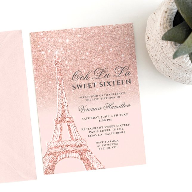 Eiffel tower rose gold glitter pink Sweet 16 Invitation (Creator Uploaded)