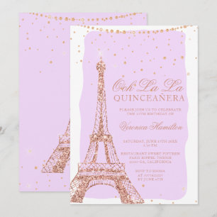 Eiffel tower rose gold glitter purple quinceanera invitation
