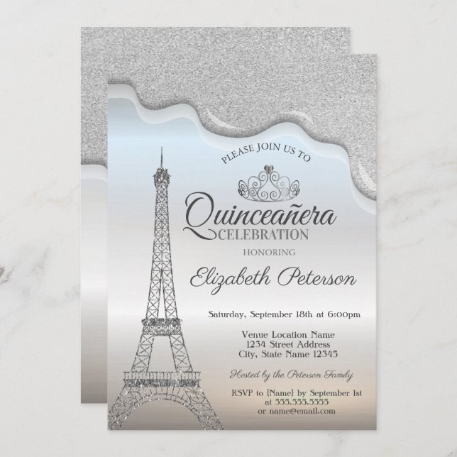 Eiffel Tower,Silver Drips Quinceañera  Invitation (Front/Back)