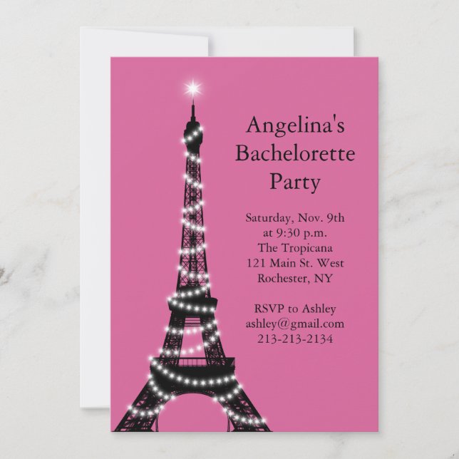 Eiffel Tower Sparkles Bachelorette Invite fuchsia (Front)